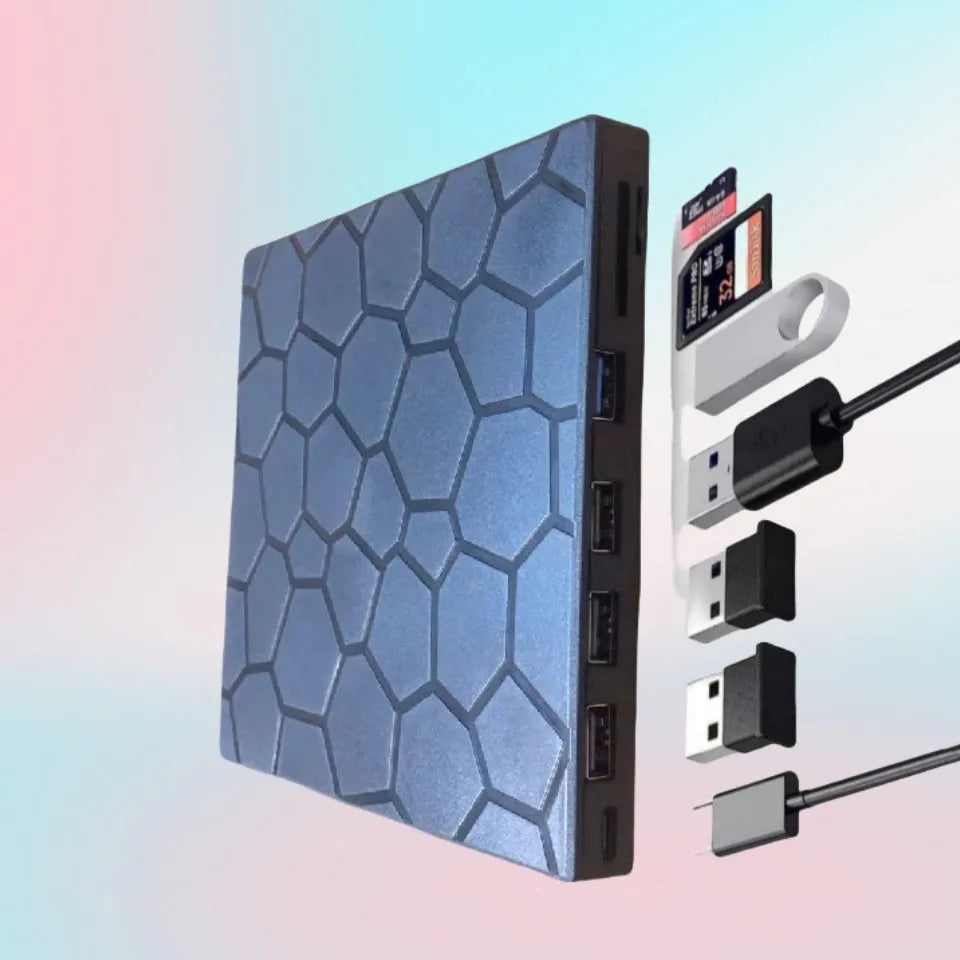 Black USB external CD drive with CD burner measuring 15.5cm by 14.5cm