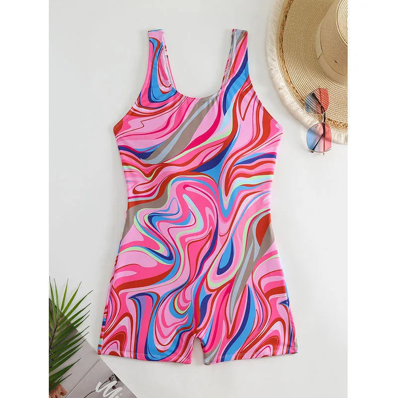 Printed conservative one-piece swimsuit with high-waist backless design in two figure patterns for swimming