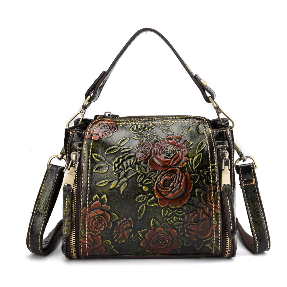 Women's genuine leather shoulder bag showing square vertical design with internal organisation compartments