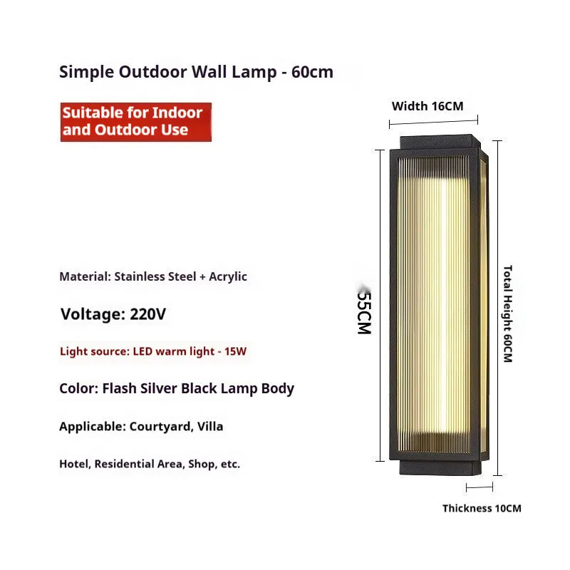 Stainless steel waterproof outdoor wall lamp shown in multiple available sizes.