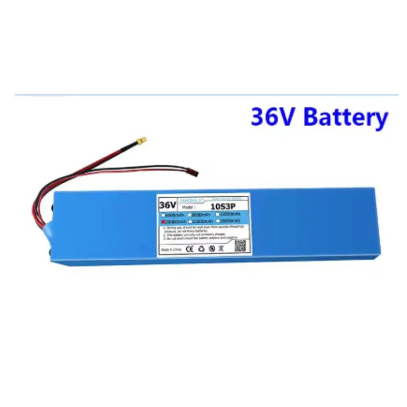 Blue 36V 30000mAh 10S3P electric scooter battery pack with XT30 or DC connector and 42V 2A charger.