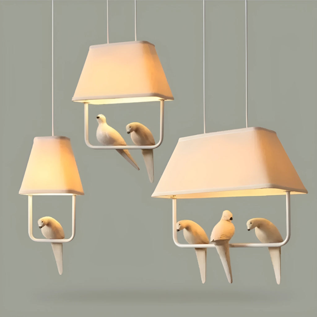 Iron droplight bird chandelier ceiling lamp with a decorative fabric shade featuring bird designs.