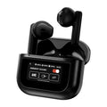 YX28 black Bluetooth headset with touch screen display and ear hook design shown from side angle
