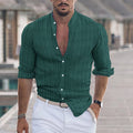 Men's loose striped long sleeve cardigan shirt in jacquard stripe pattern, available in 15 colours and sizes S to XXXL.