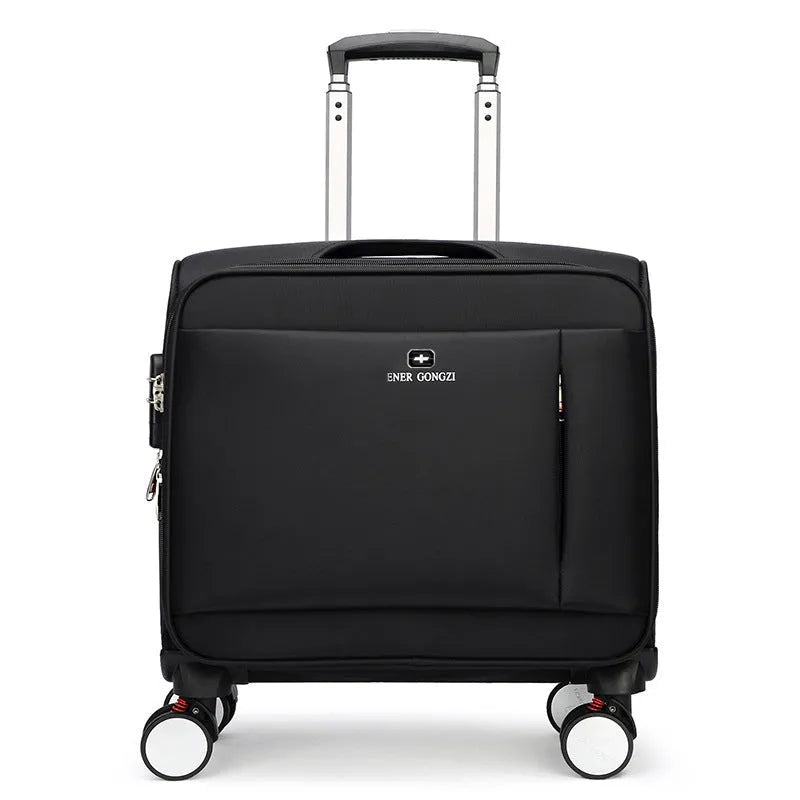 Black 18-inch business luggage with retractable handle and universal wheels made from waterproof Oxford cloth