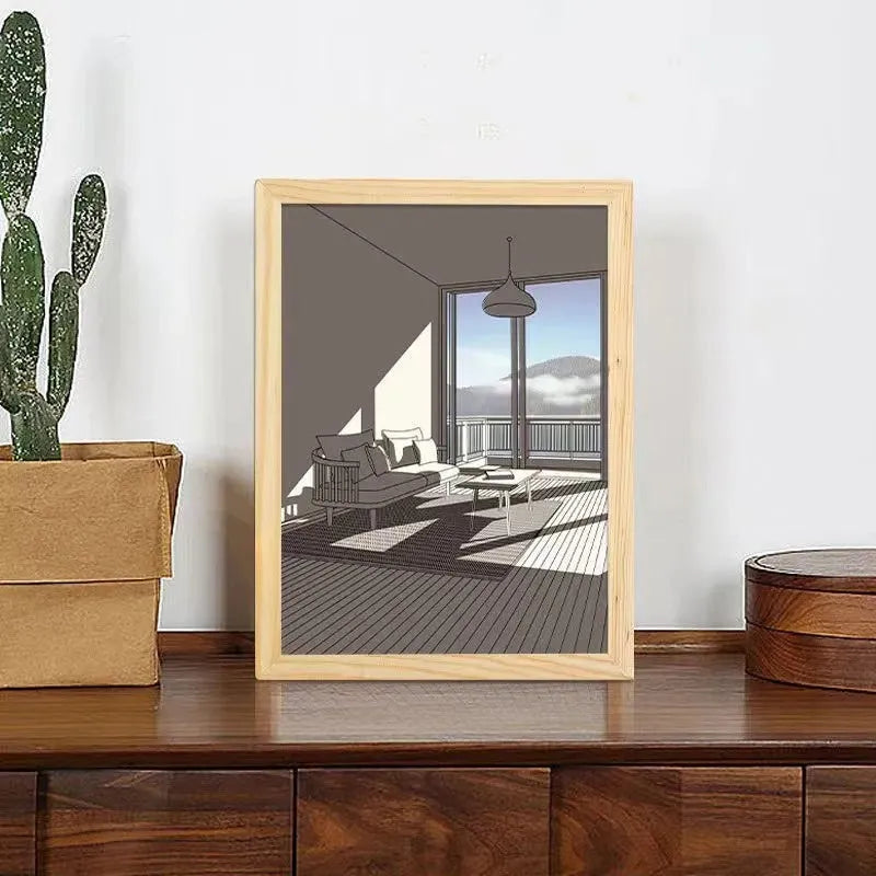 Modern rectangular acrylic LED light painting showing a serene landscape scene, illuminated from behind on a bedside table.