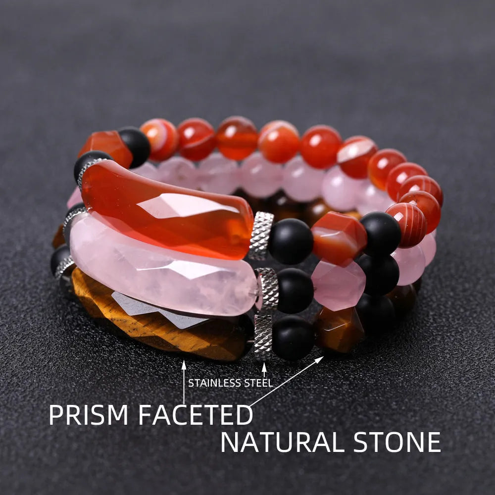 Handmade diamond-shaped cut black agate bracelet with fan-shaped design elements