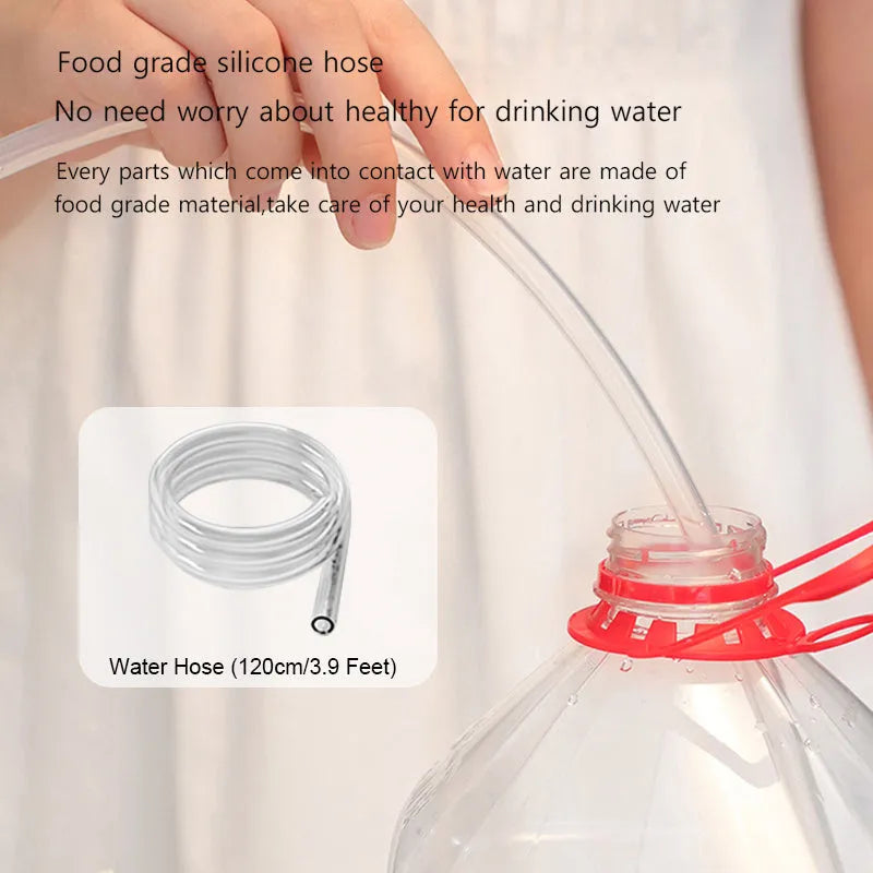 White electric water dispenser pump with USB charging cable next to gallon water bottle