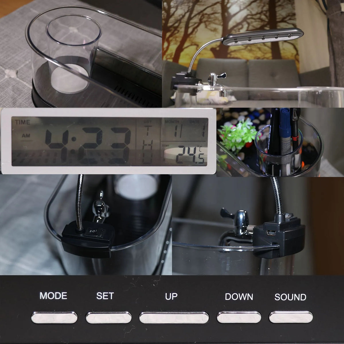 Black USB desktop mini aquarium pen holder with transparent tank and time, date, week, temperature display