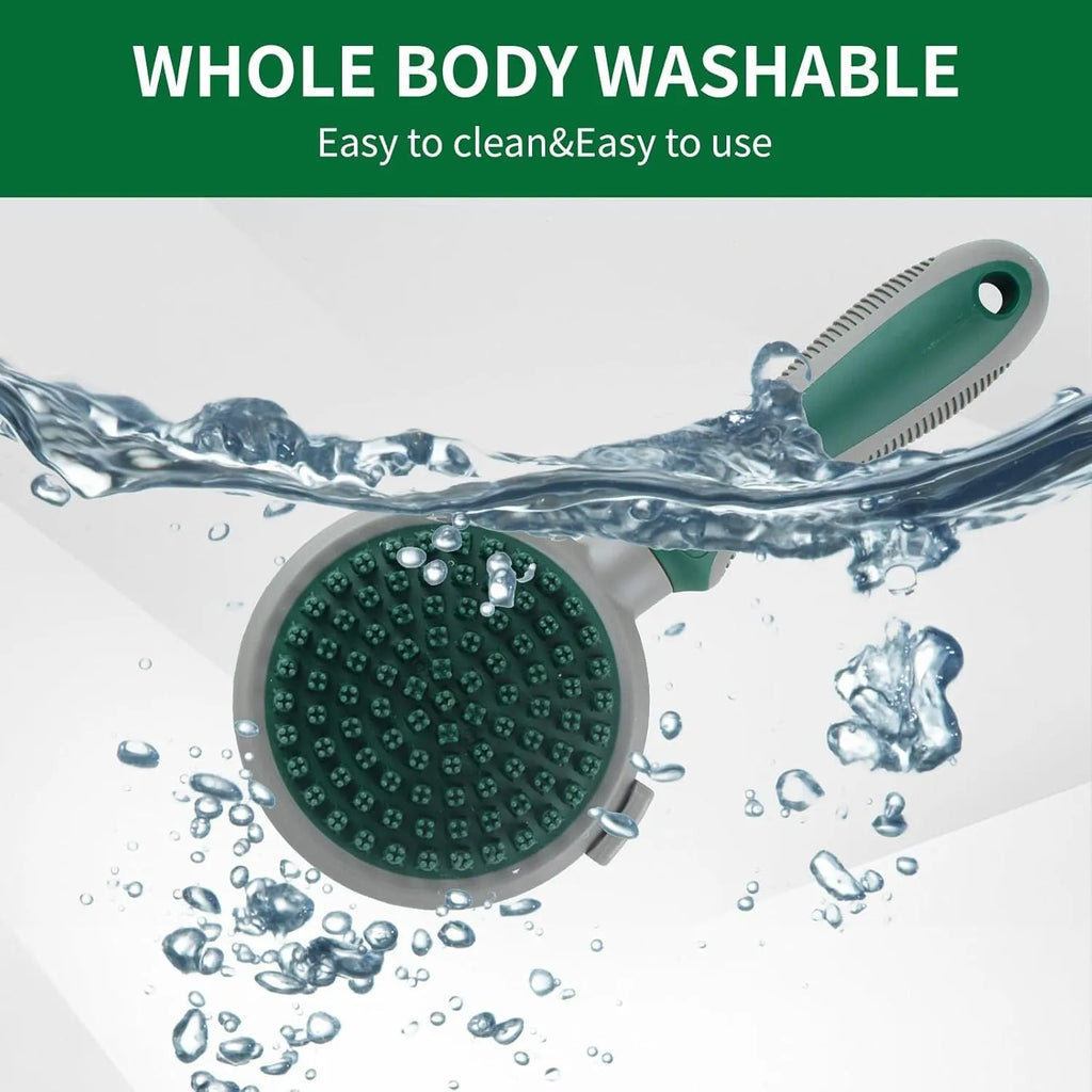 Two-sided silicone cat hair brush with retractable slicker and octopus-teethed massager in green or pink