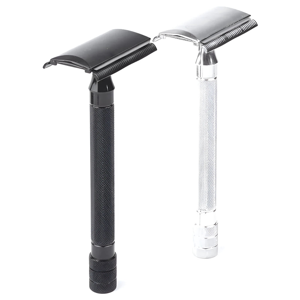 Old-fashioned manual pogonotomy metal scraper with brush set in black or silver colour