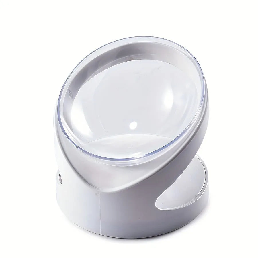 Clear elevated cat food bowl with 15-degree tilt angle on white surface