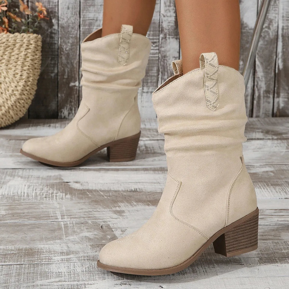 Women's mid-calf boots in suede with 3-5cm heel and leather stitching, available in milky white and lotus root colour