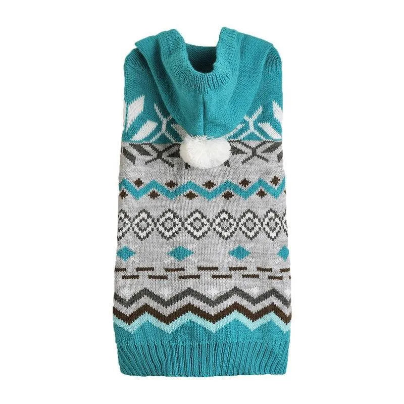 Green diamond pattern pet sweater on small dog showing knit texture and proper fit