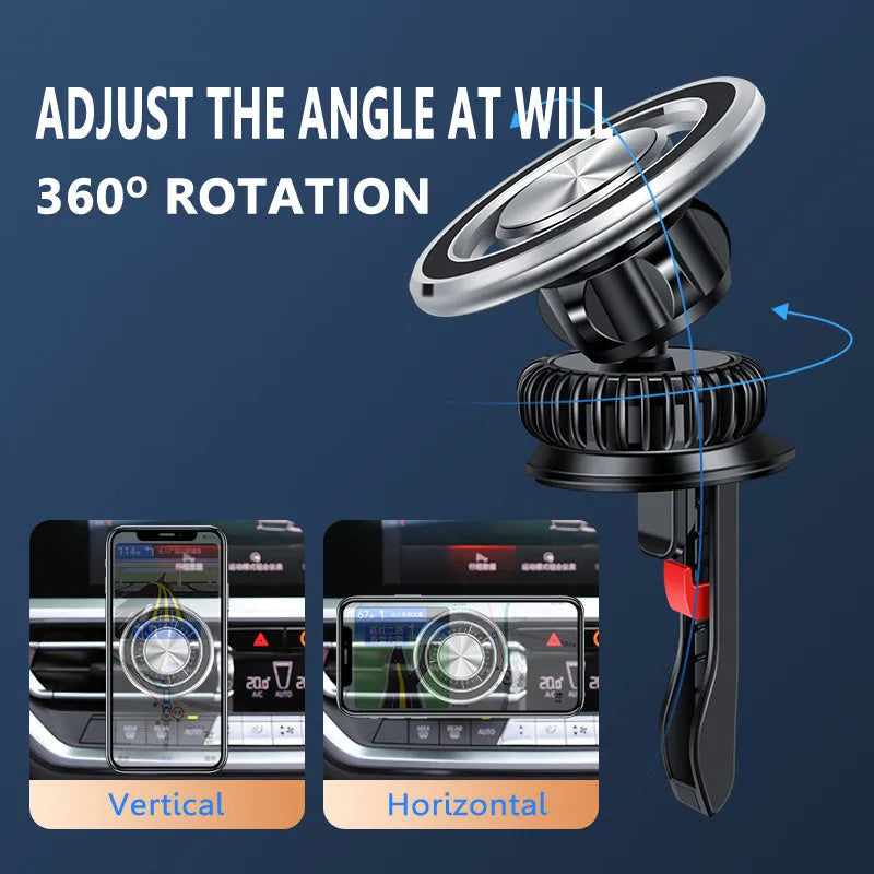 Silver magnetic phone holder attached to car air vent with phone mounted