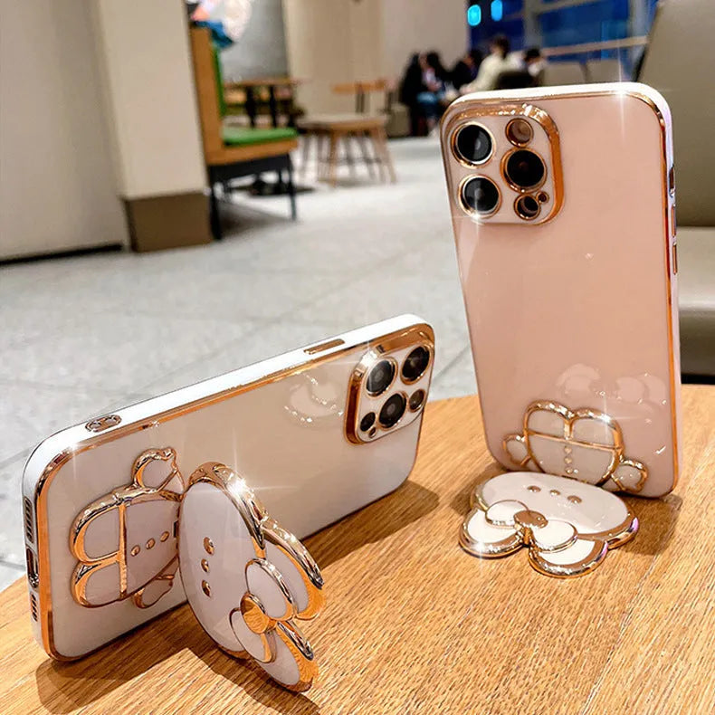 Cartoon rabbit stand mirror phone case for Apple iPhone, TPU electroplated anti-fall cover, pink bracket