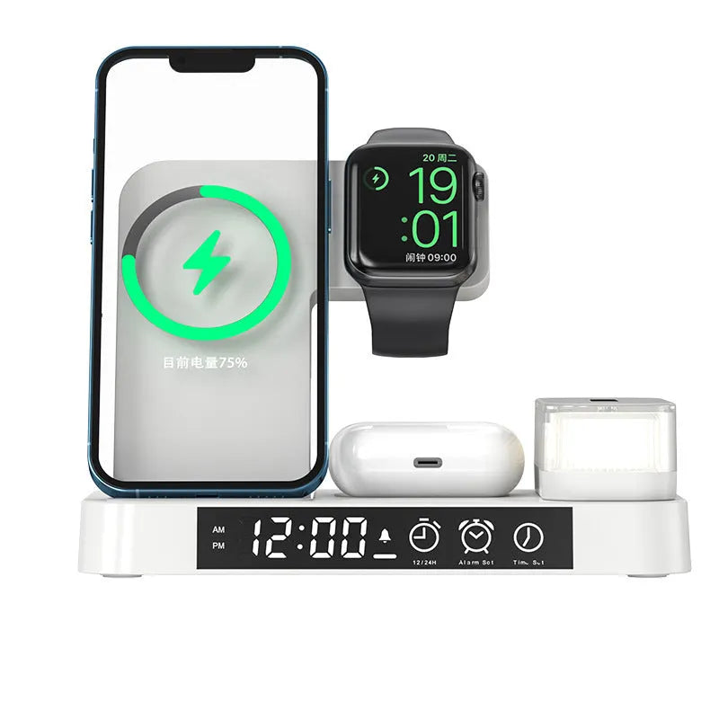 White 4-in-1 wireless charger station with foldable stand, alarm clock display, and RGB night light charging multiple devices