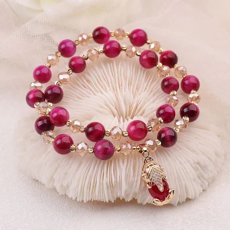 Handmade Tigereye natural Vanves stone crystal bracelet showing single and double chain options