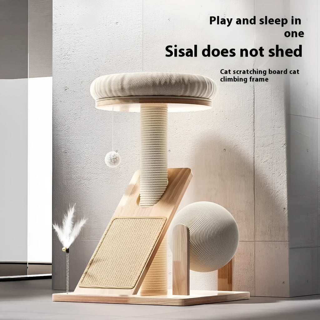 Small cat climbing frame with sisal scratching surfaces and jute fabric covering in natural colour