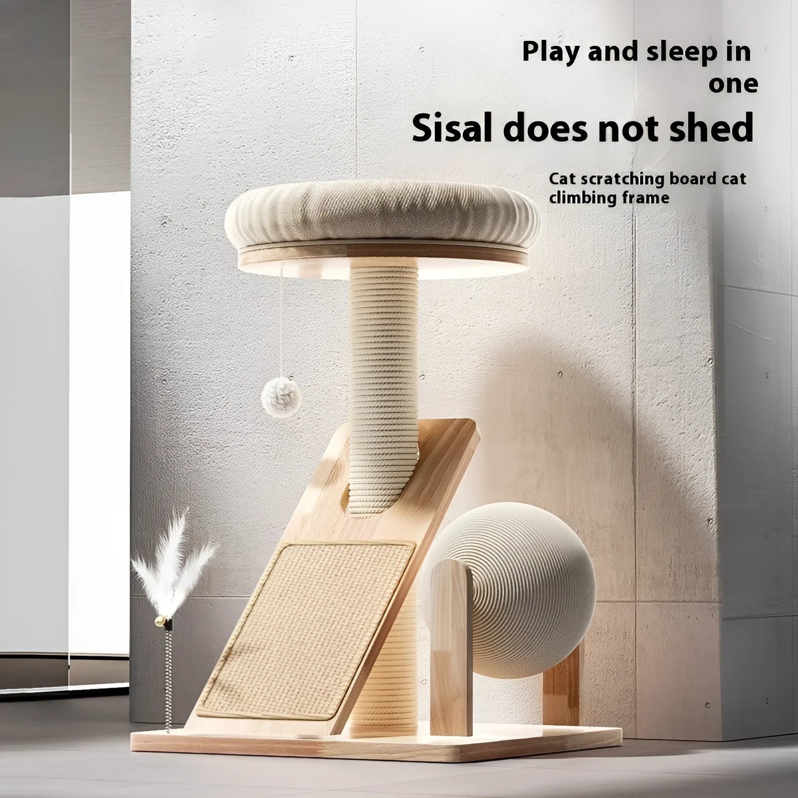 Small cat climbing frame with sisal scratching surfaces and jute fabric covering in natural colour