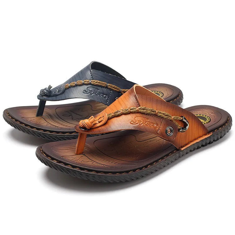 Men's dark blue herringbone pattern outdoor slippers with leather lining and rubber sole