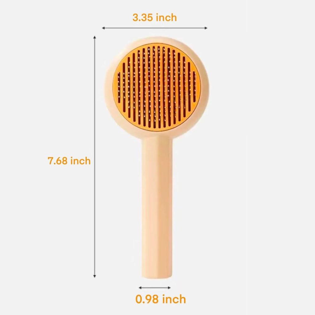 Blue and yellow cat grooming brush with self-cleaning button, measuring 170x80x45mm