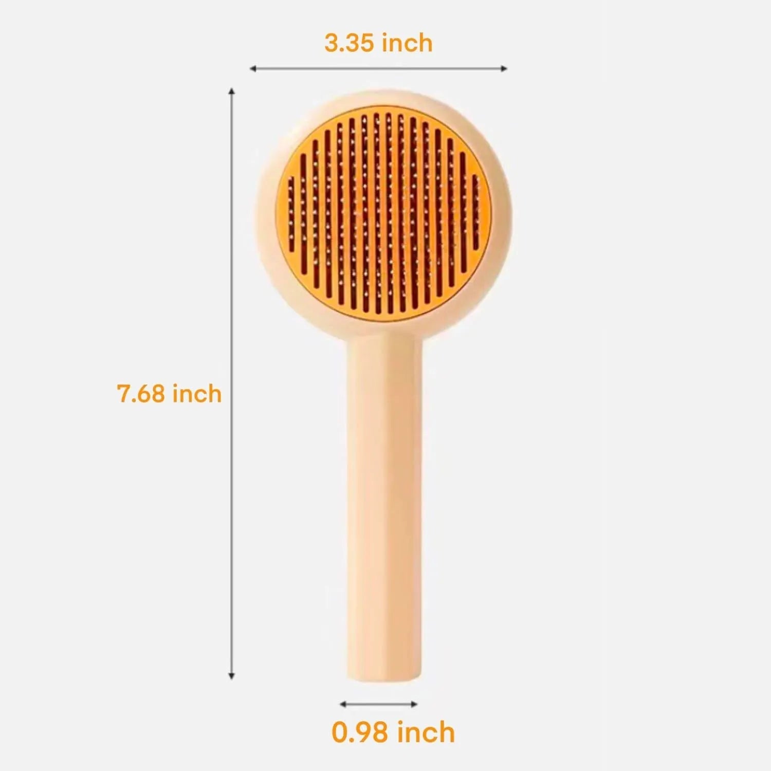 Blue and yellow cat grooming brush with self-cleaning button, measuring 170x80x45mm