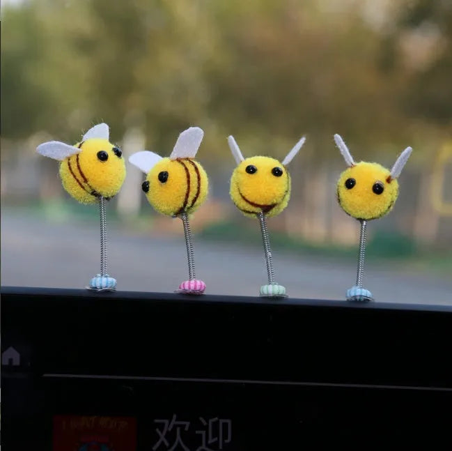Swing Spring Bee car decoration: 3x3cm fur ball cartoon bee with adhesive backing