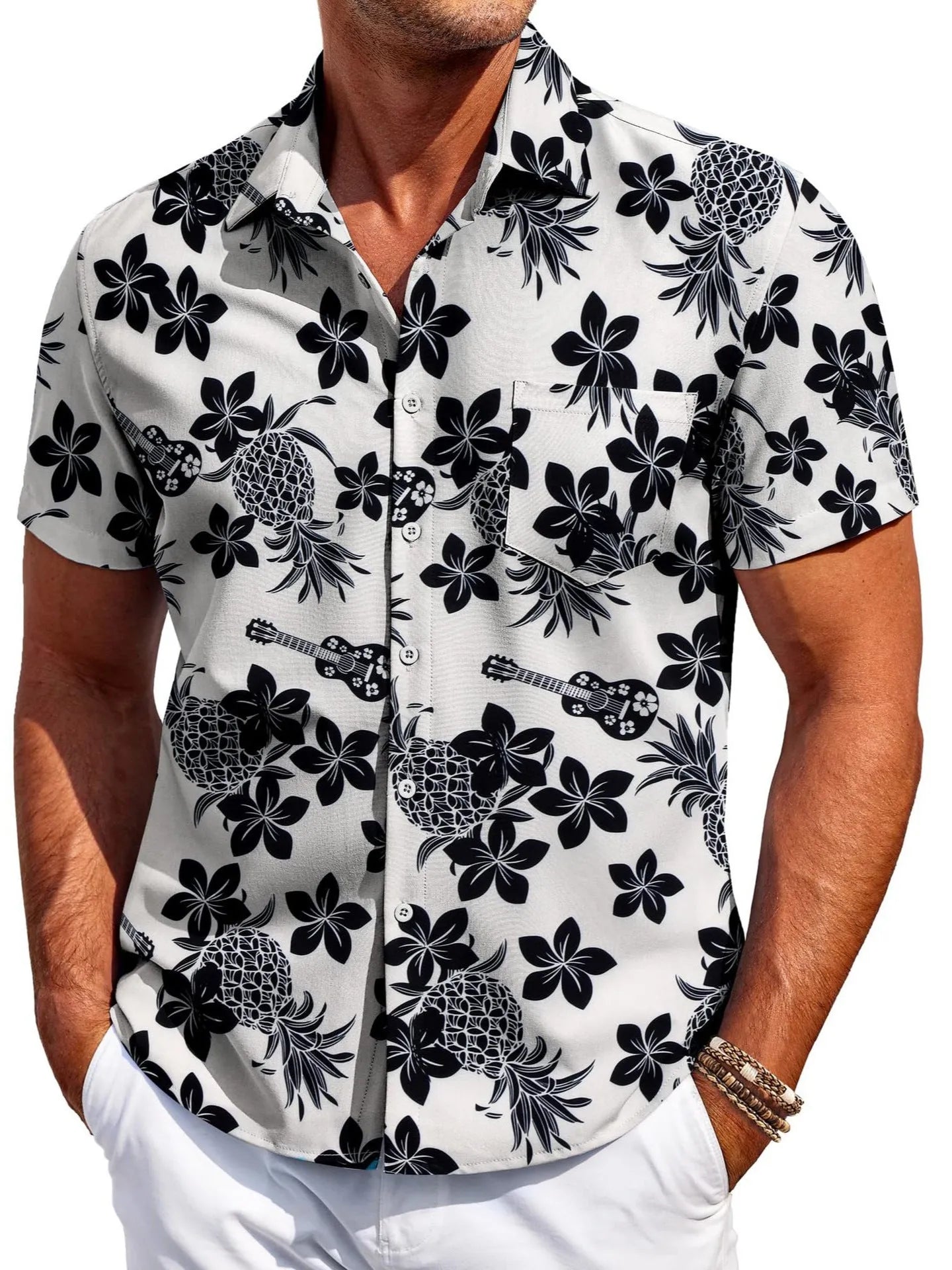 Men's slim fit short sleeve cardigan shirt in elastic polyester, sizes S-6XL, summer daily wear