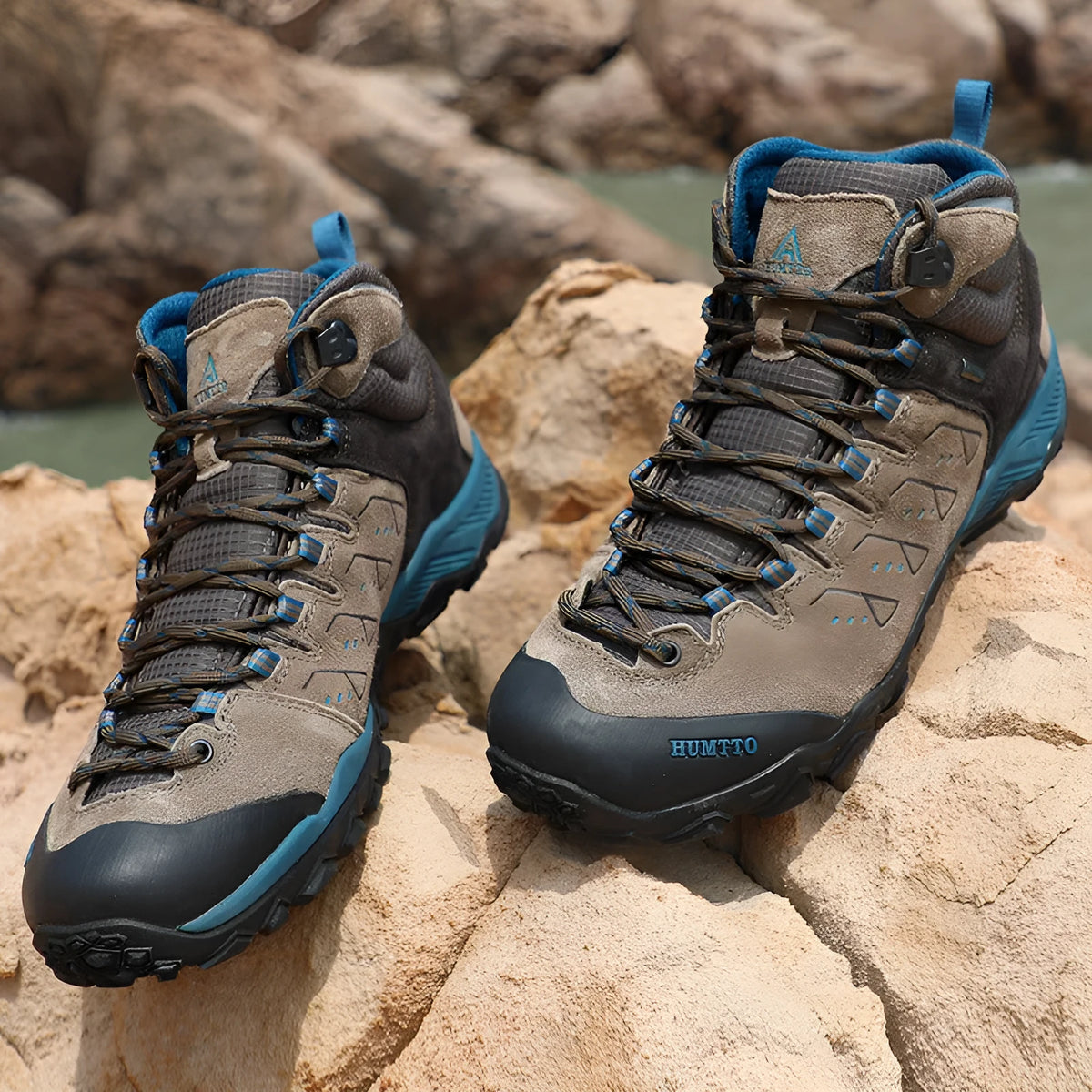 Men's low top waterproof hiking shoes with black rubber sole and EVA outsole, brown colour, spring autumn walking