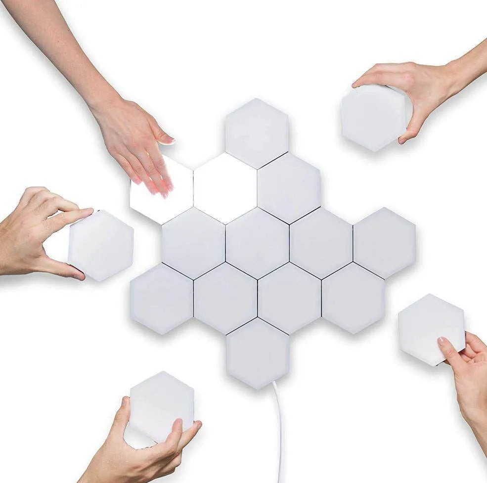 Hexagonal modular wall lamp with touch controls showing geometric arrangement on wall
