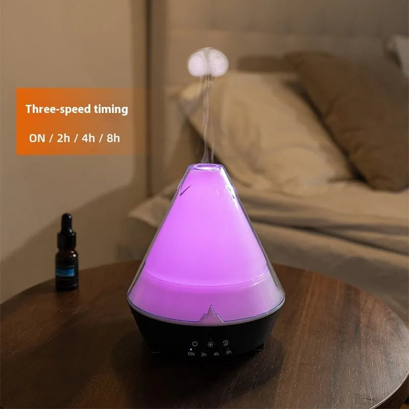 Volcano-shaped white desktop humidifier with colourful flame and smoke ring effect, USB plug-in ultrasonic aromatherapy diffuser