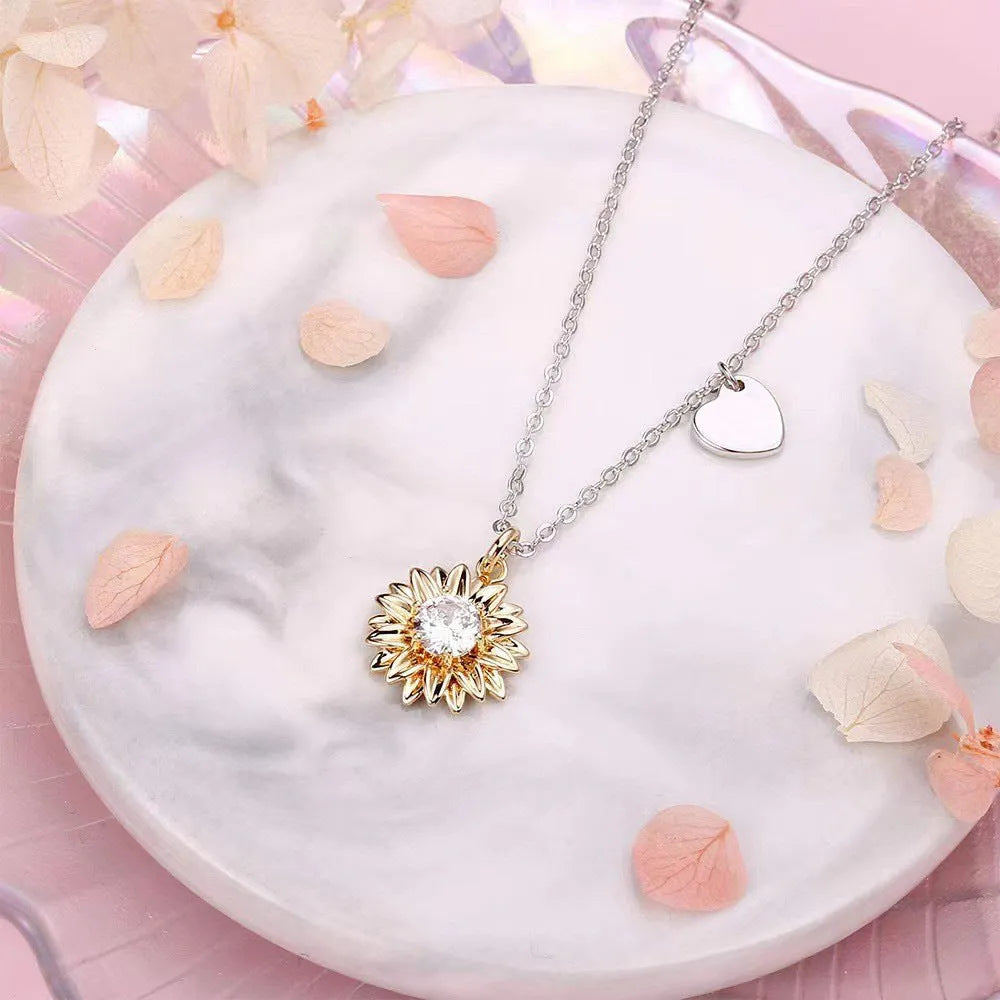 Sunflower necklace with geometric daisy pendant on adjustable cross chain, 925 silver jewellery