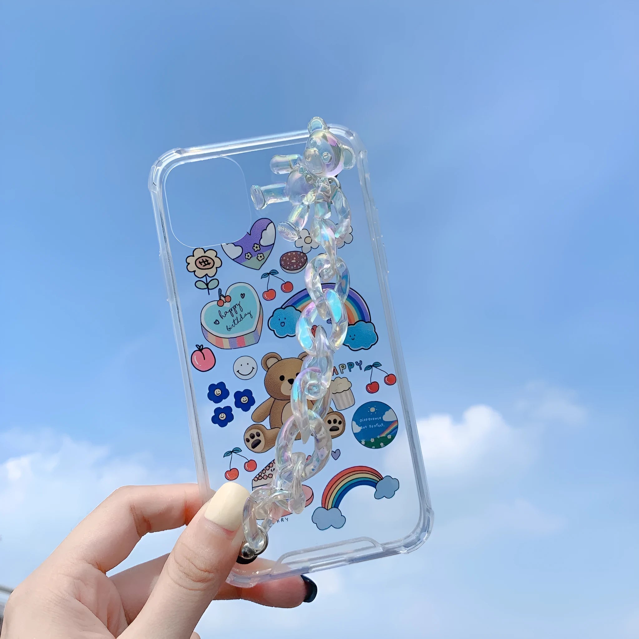Bear chain protective iPhone case with cartoon design for multiple iPhone models