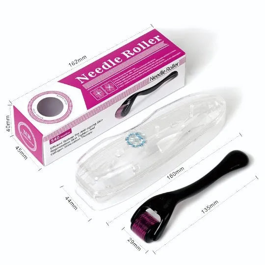 Derma roller with 540 titanium microneedles in black or purple, showing adjustable needle sizes from 0.2mm to 1.0mm