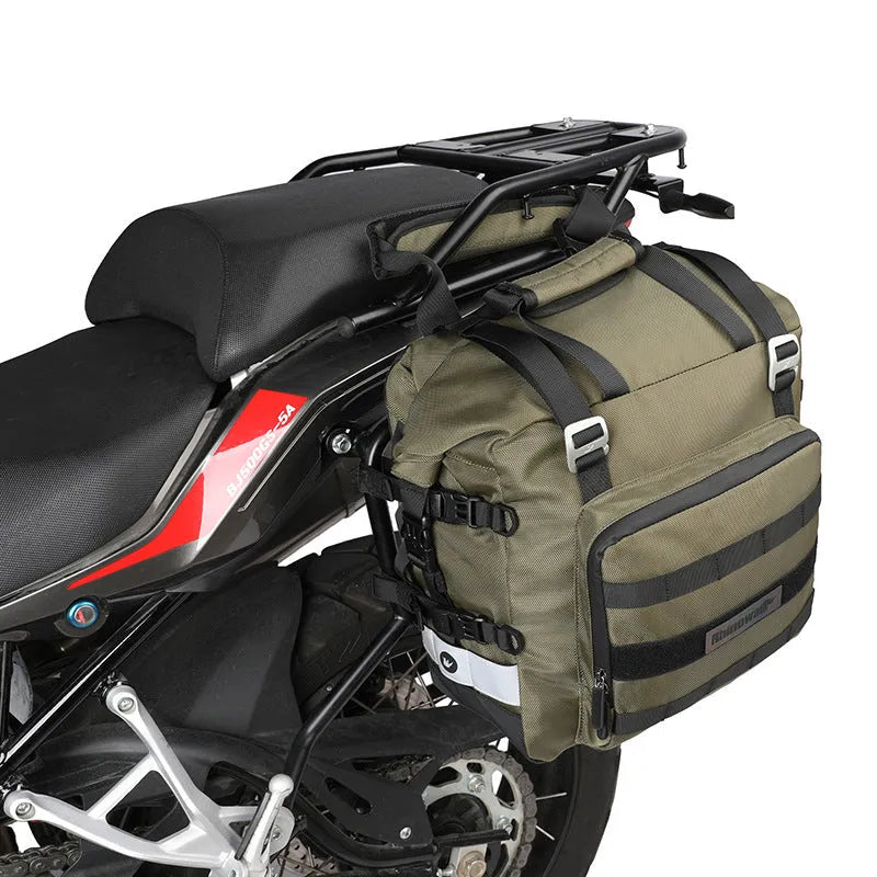 20-litre quick-release motorcycle side bag in black or army green polyester construction