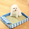 Blue cat litter mat with integrated rattan bed showing 2 cm raised border and removable fabric insert