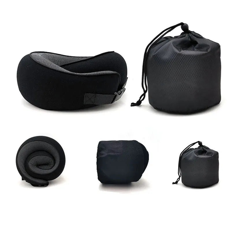 Navy blue U-shaped travel neck pillow with memory foam filling shown rolled and in its carry bag