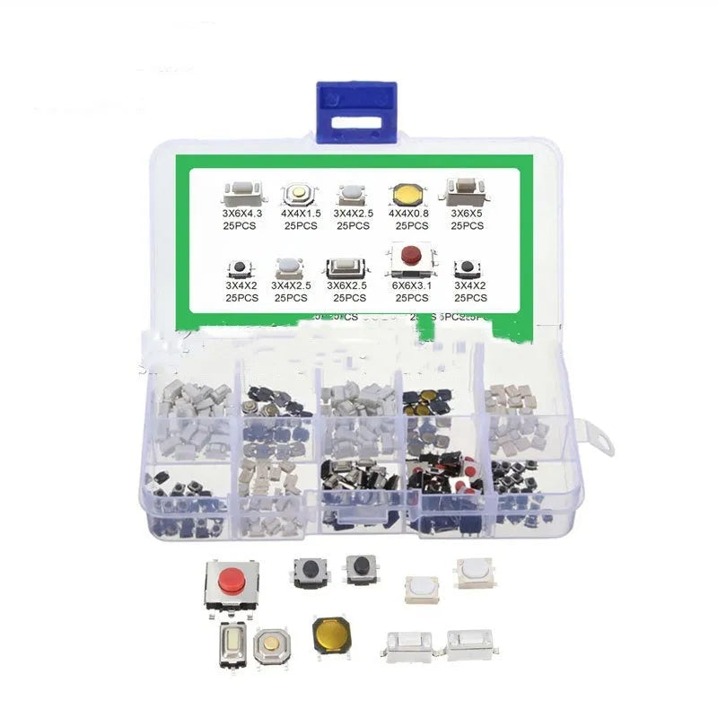 Box containing 250 SMT surface mount patch button switches for electronics assembly.