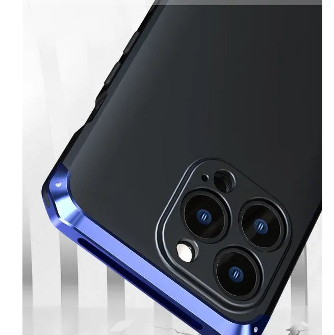 Aluminium alloy and plastic full frame iPhone 13 case in solid black, blue, silver, or yellow