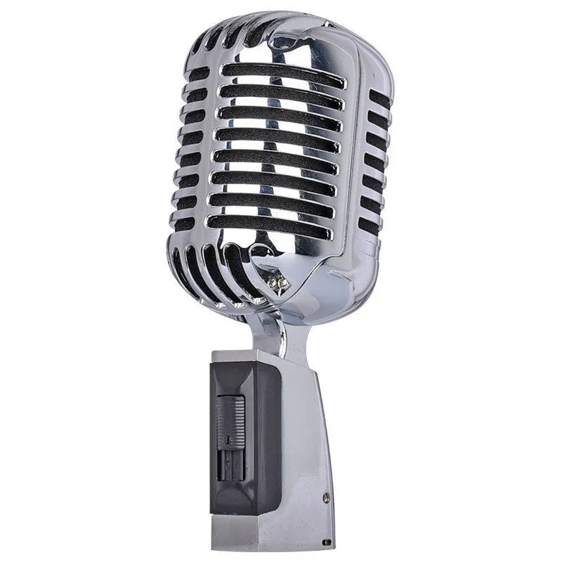 Retro metal wired stage microphone in black or silver with moving coil sensor and cardioid pickup pattern