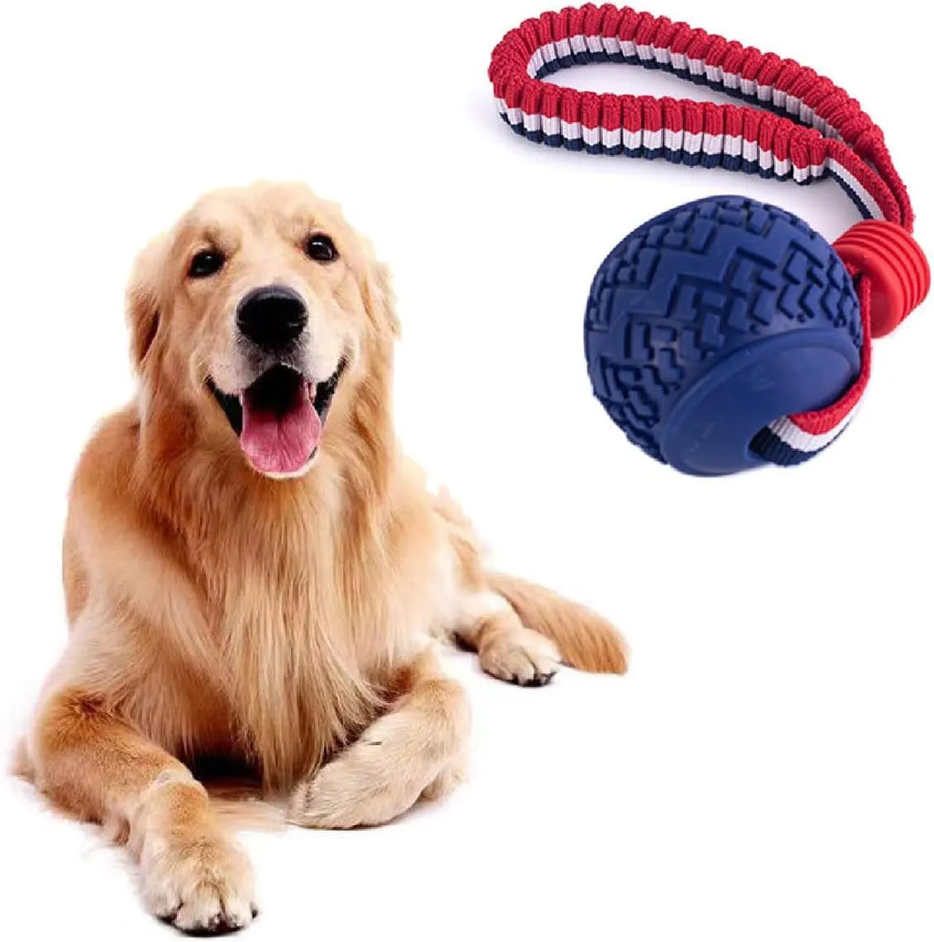 Blue dog ball with rope toy showing 6.5cm rubber ball and 29cm rope for dental cleaning and tugging games