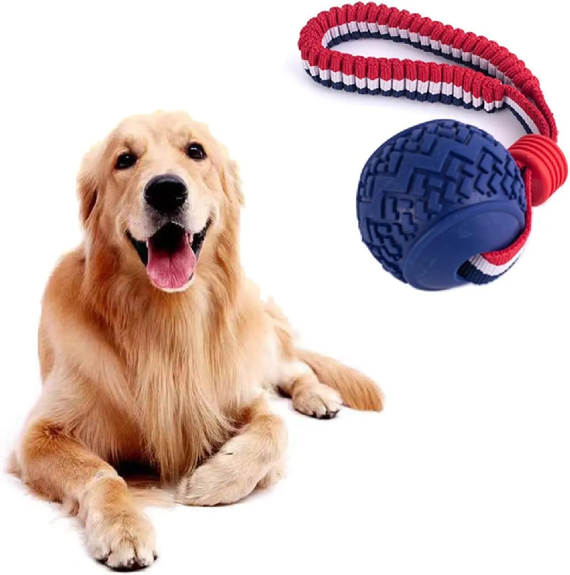 Blue dog ball with rope toy showing 6.5cm rubber ball and 29cm rope for dental cleaning and tugging games