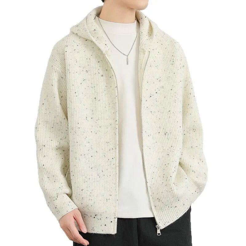 Hooded thickened cardigan sweater, loose fit, in black, blue, or apricot, sizes M to XXXL