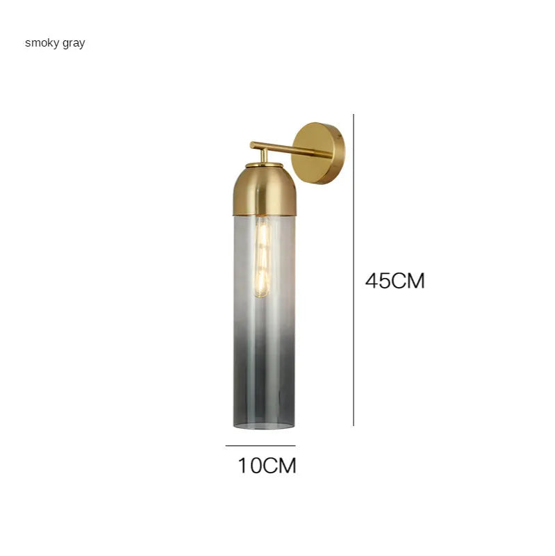 Nordic postmodern glass wall lamp in a modern living room setting, showing amber glass shade.