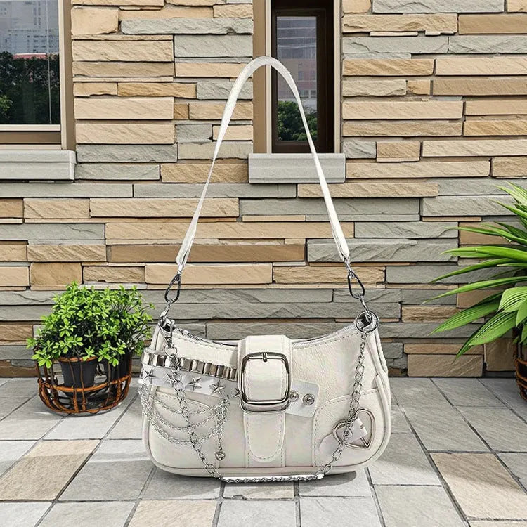 Women's soft PU underarm shoulder bag with chain, horizontal square shape, phone pocket, in pink, black or white.