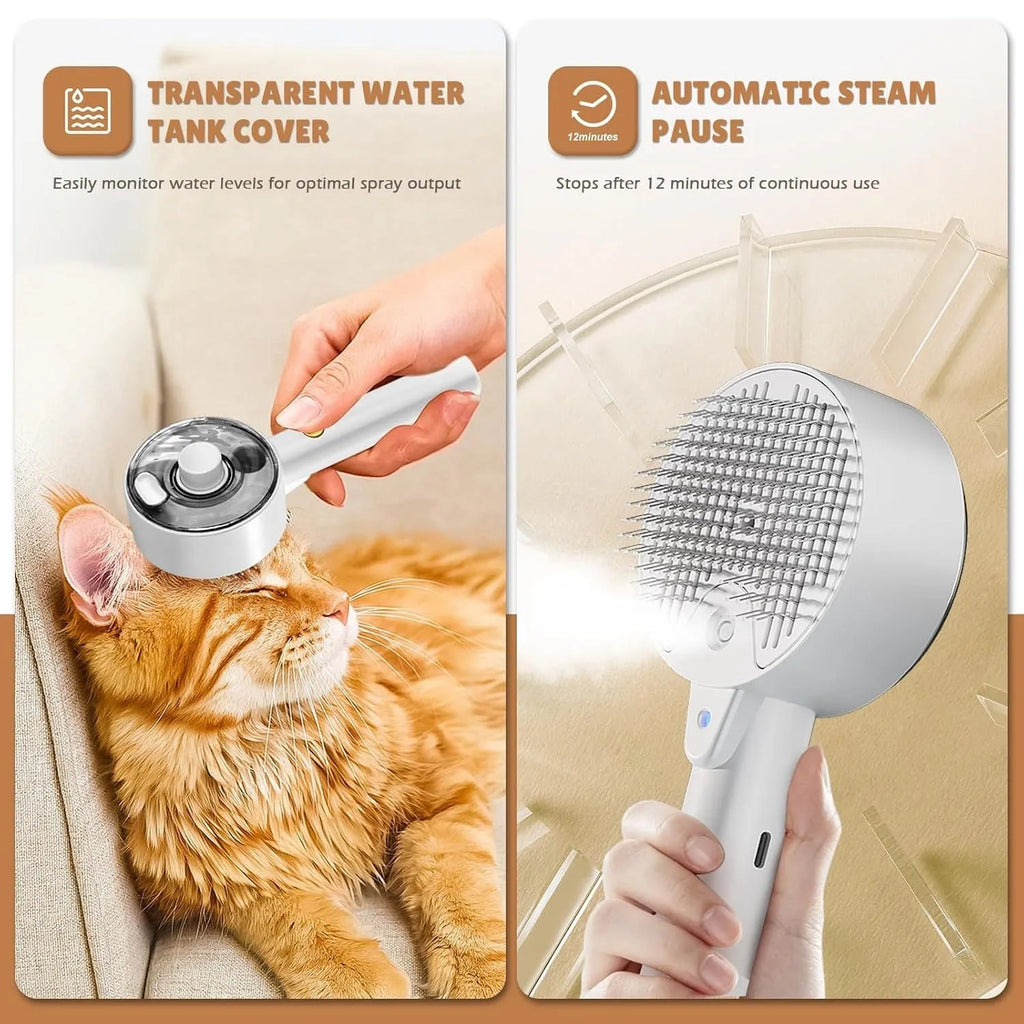 Pink and white cat steam brush with transparent water tank and stainless steel bristles for pet grooming