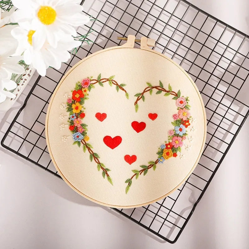DIY embroidery kit with heart design on cotton cloth and 20cm bamboo frame