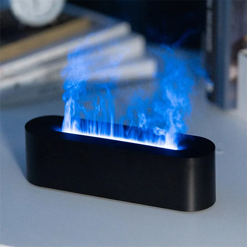 White square DQ709 flame effect aroma diffuser and ultrasonic cool mist humidifier on a table.