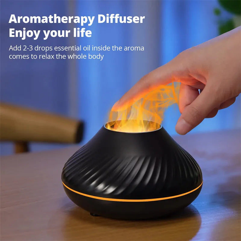 Beige USB aromatherapy diffuser with flame effect lighting on wooden table